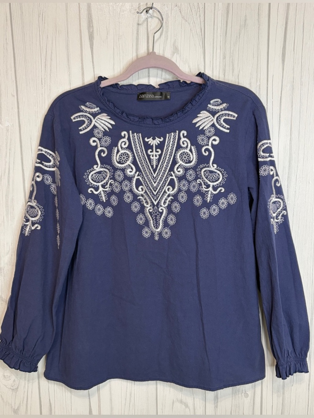 ZANZEA Long-Sleeve Navy & White Boho Embroidered Top, Medium